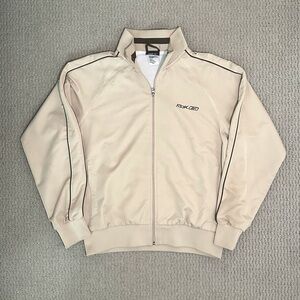 Vintage Y2K Beige Reebok Track Jacket with Brown Piping and Graphic